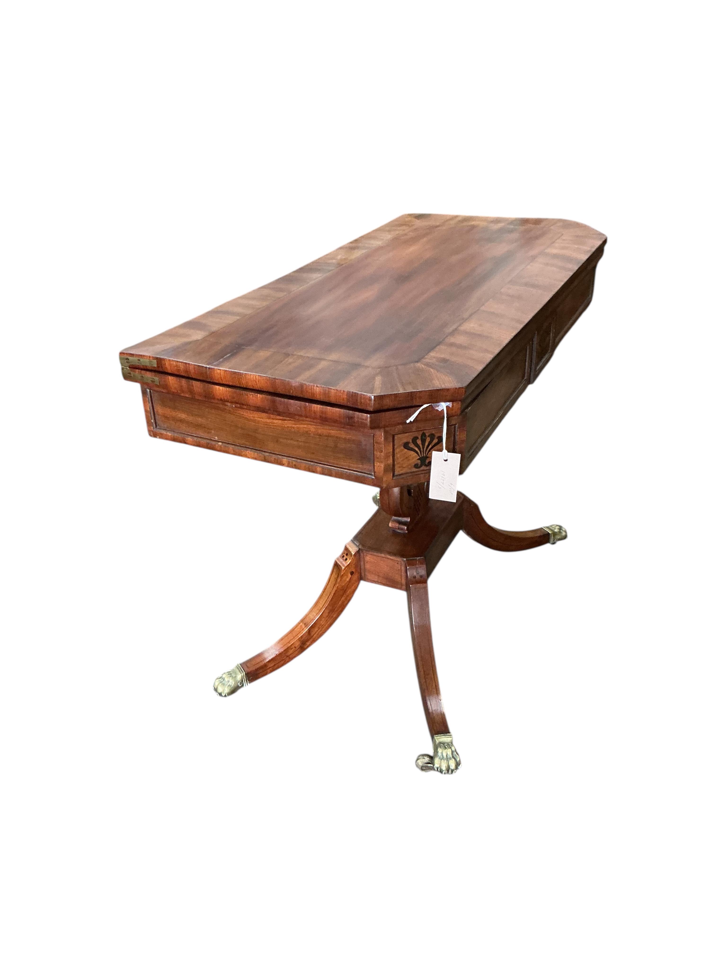A Regency inlaid mahogany folding card table, width 92cm, depth 46cm, height 73cm